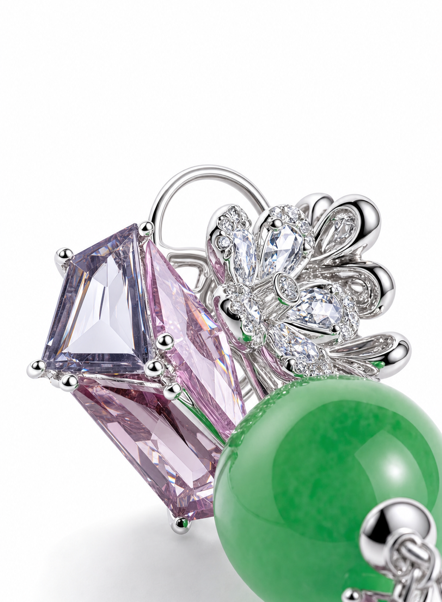 「Dance of Ice Crystals」18k Gold Glowing Green Jadeite Jewelry Suite with Diamonds and Coloured Gemstones