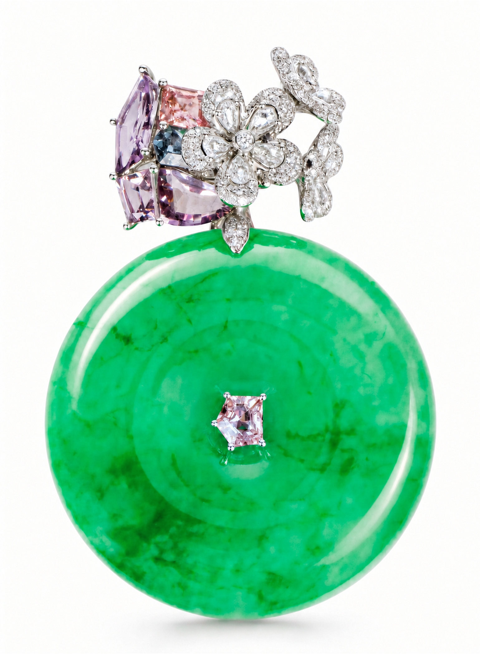 「Dance of Ice Crystals」18k Gold Glowing Green Jadeite Jewelry Suite with Diamonds and Coloured Gemstones