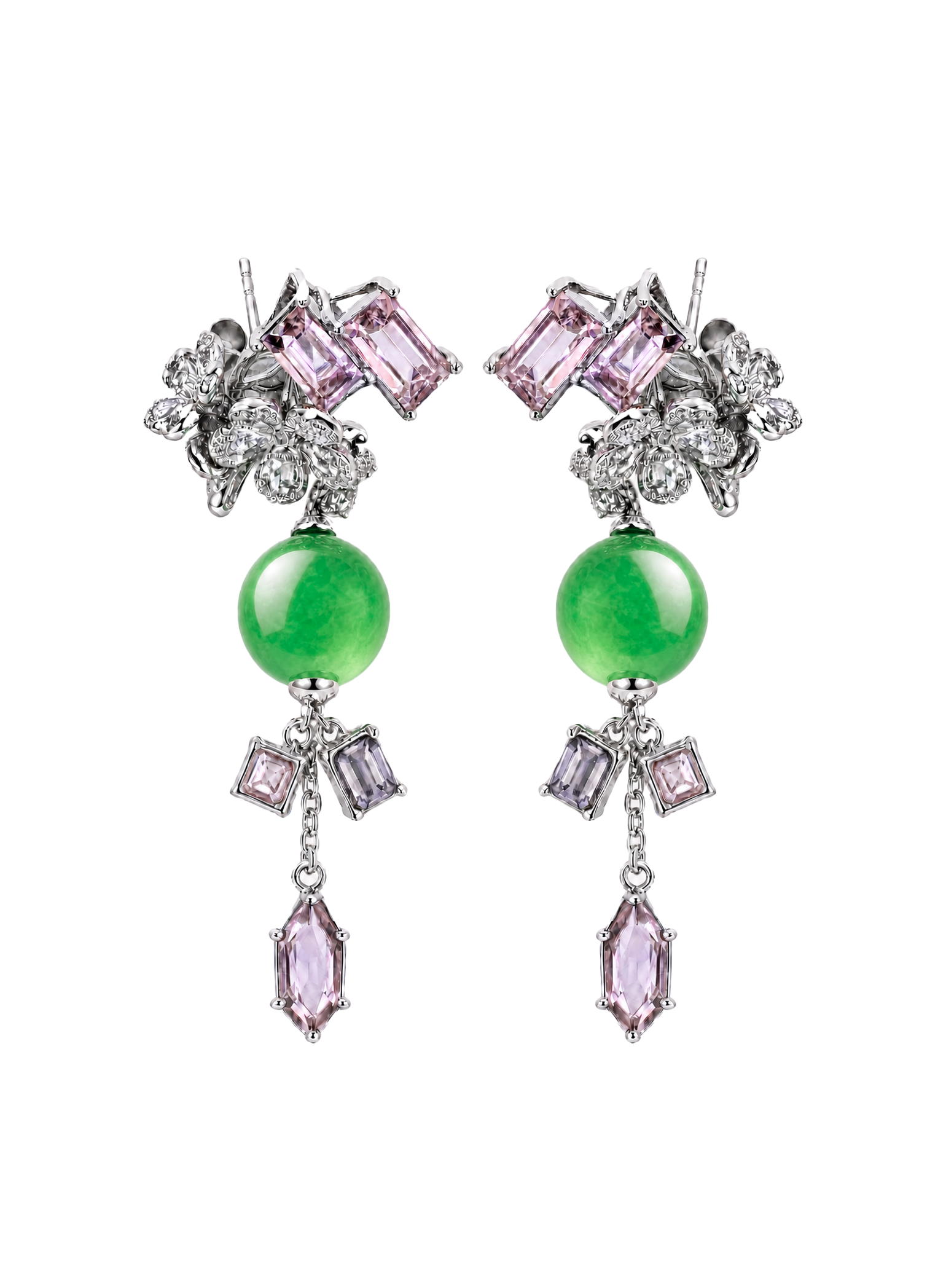 「Dance of Ice Crystals」18k Gold Glowing Green Jadeite Jewelry Suite with Diamonds and Coloured Gemstones