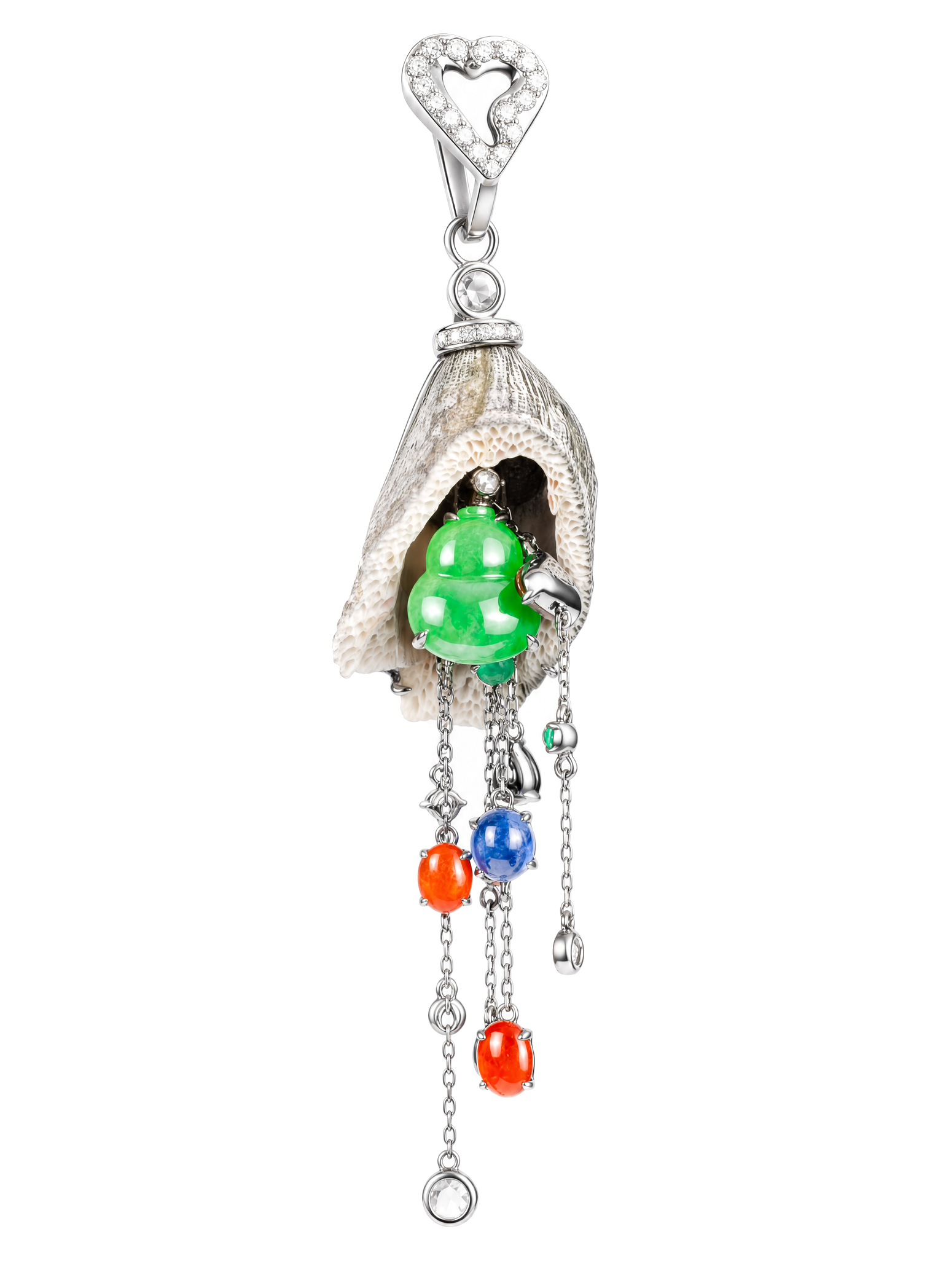 「Sea Balanus And Glory Of Gourd 」18K Glowing Green Jadeite  Diamonds And Gems  Earrings