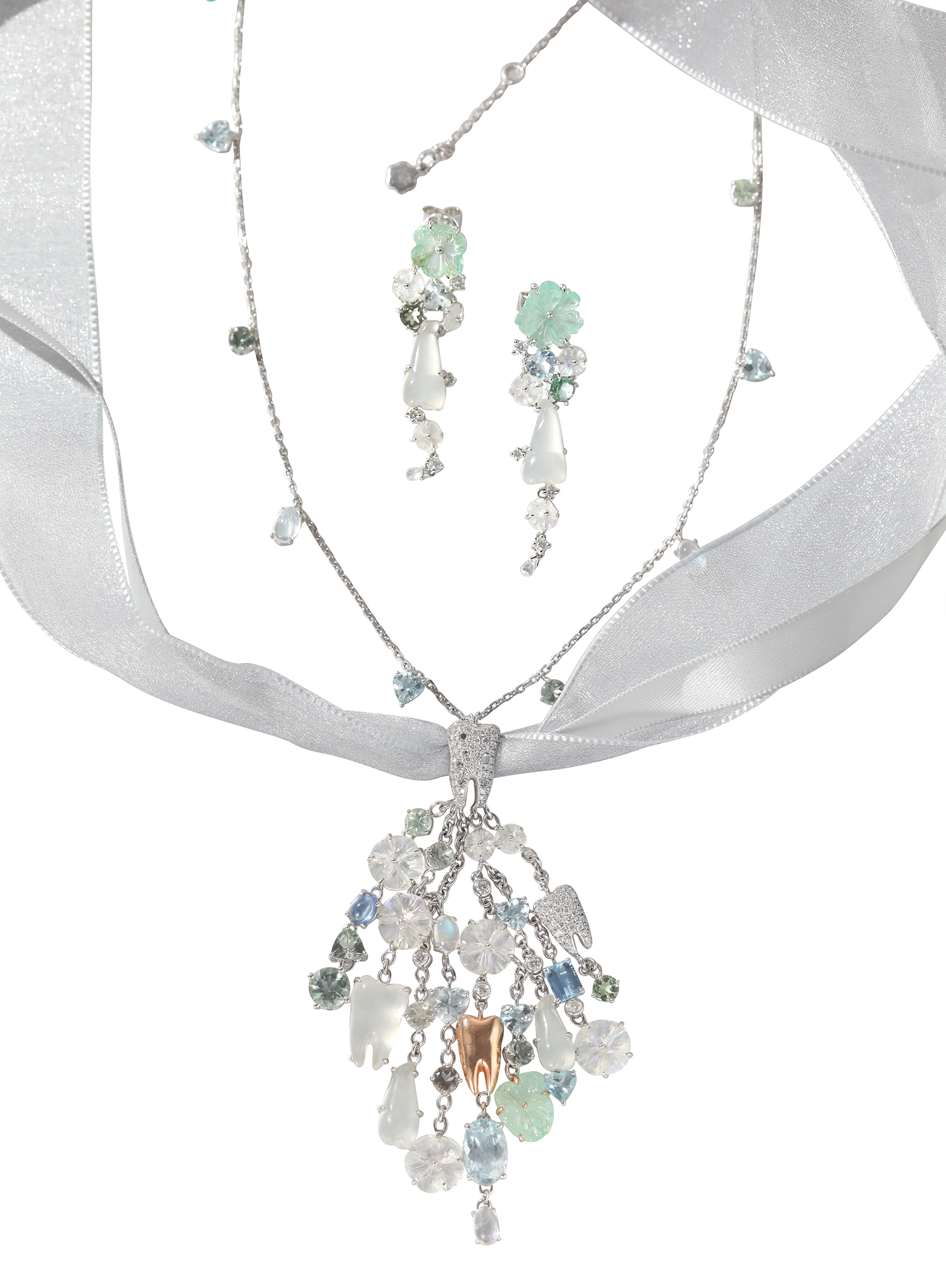 「Teeth & Memories」Natural Burmese Glassy Jadeite  with Gems Jewelry Suite